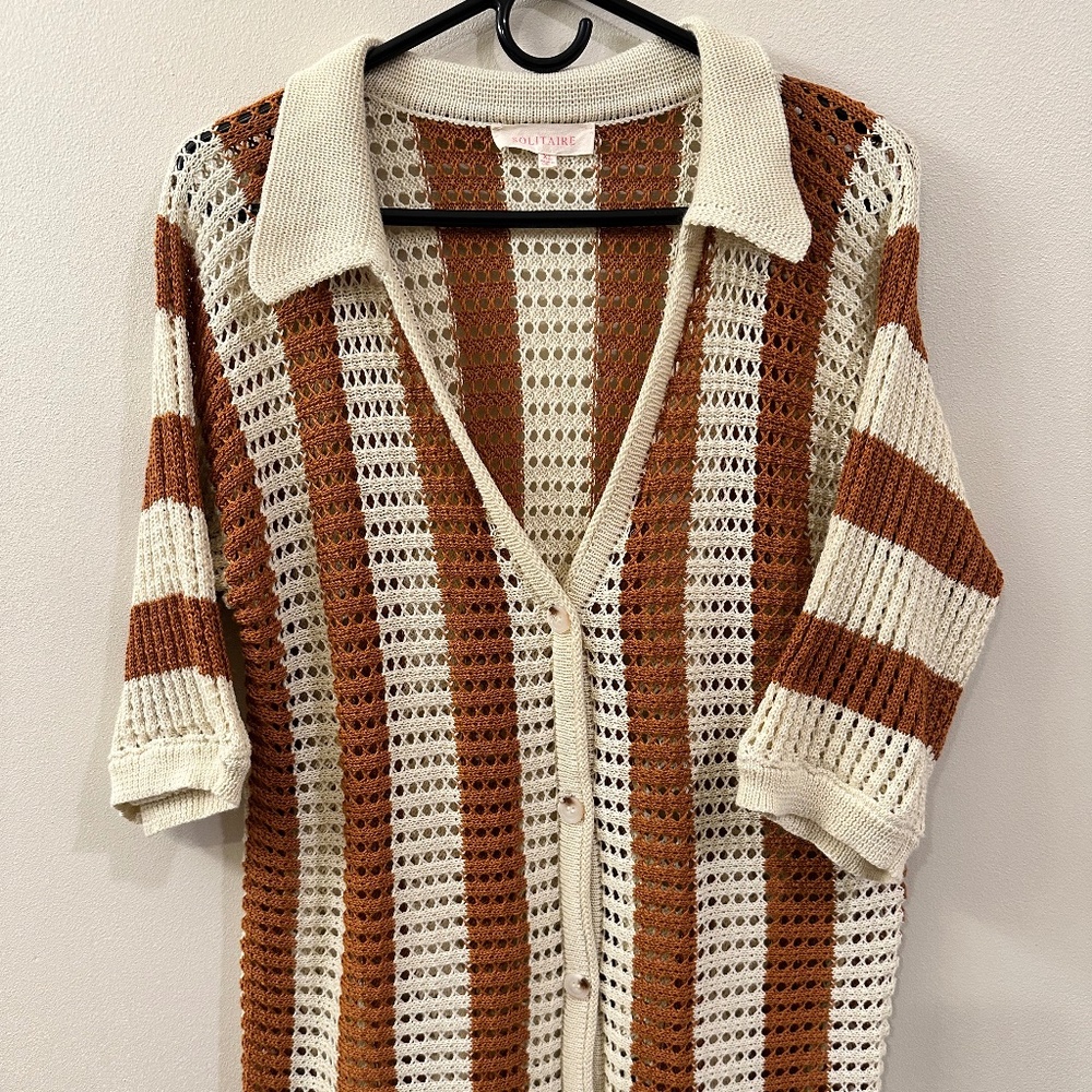 Rugby Style Short Sleeve Open Knit Cardigan XL